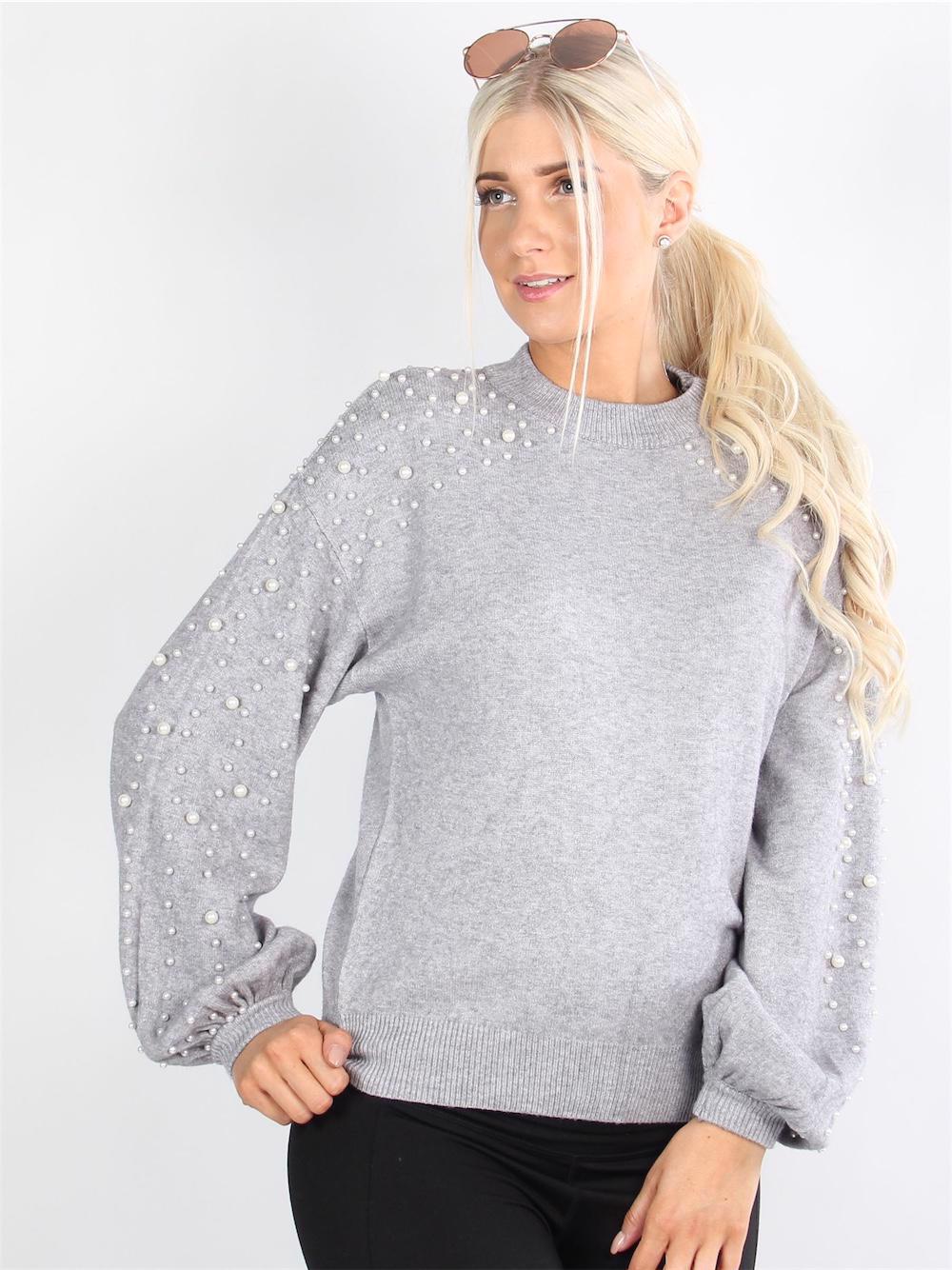 Diva - Armygrøn strikbluse med perler og oversize ærmer